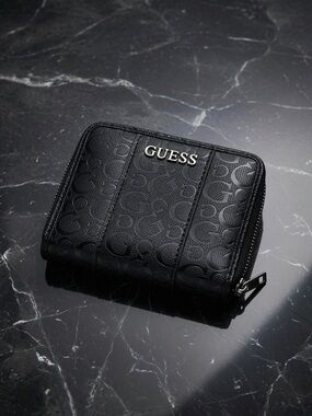 GUESS Black Patent Logo Zip Wallet with Gold Accent